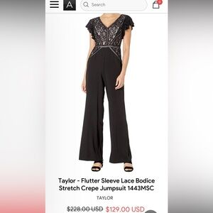 Taylor brand jumpsuit: flutter sleeve lace bodice stretch crepe jumpsuit
